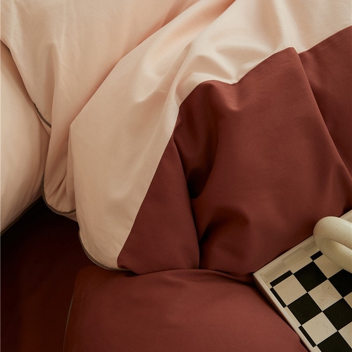 91家纺网 家纺一手货源 找家纺 新款100S磨毛半拼玩乐系列四件套 樱粉-朱红