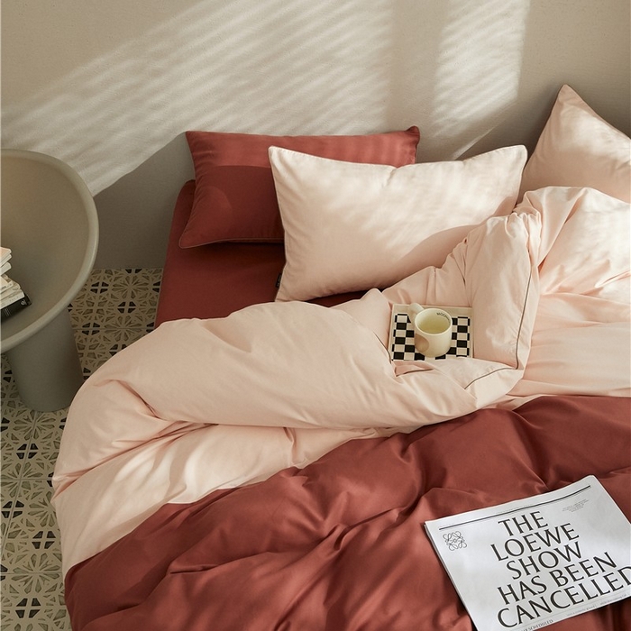 91家纺网 家纺一手货源 找家纺 新款100S磨毛半拼玩乐系列四件套 樱粉-朱红