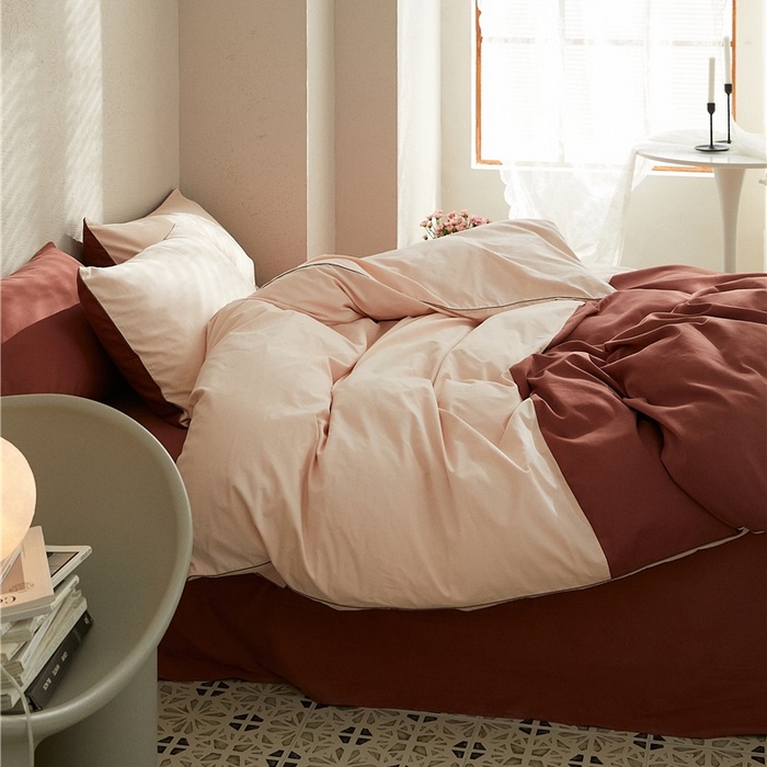 91家纺网 家纺一手货源 找家纺 新款100S磨毛半拼玩乐系列四件套 樱粉-朱红
