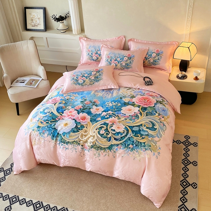 91家纺网 家纺一手货源 找家纺 （总）大麦乐田 2025新款直播爆款欧式轻奢提花数码印花四件套