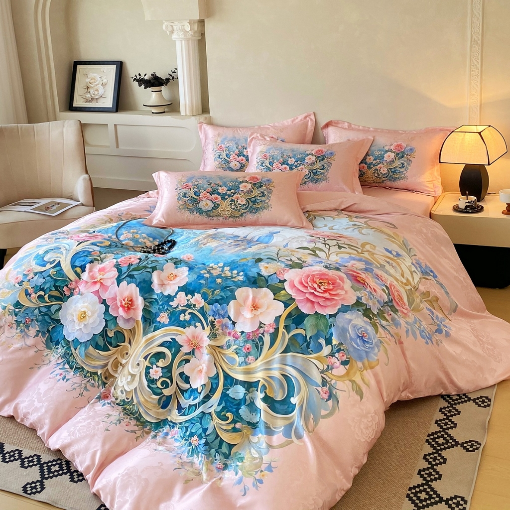 91家纺网 家纺一手货源 找家纺 （总）大麦乐田 2025新款直播爆款欧式轻奢提花数码印花四件套