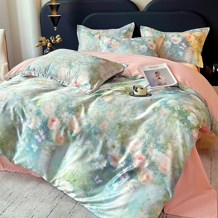 91家纺网 家纺一手货源 找家纺 大麦乐田 2025新款直播爆款欧式轻奢提花数码印花四件套 芳馨