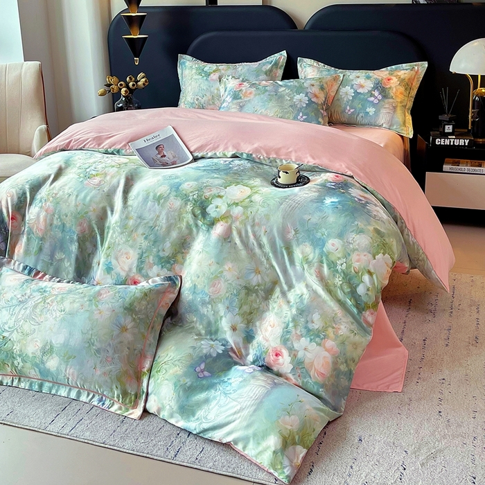 91家纺网 家纺一手货源 找家纺 大麦乐田 2025新款直播爆款欧式轻奢提花数码印花四件套 芳馨