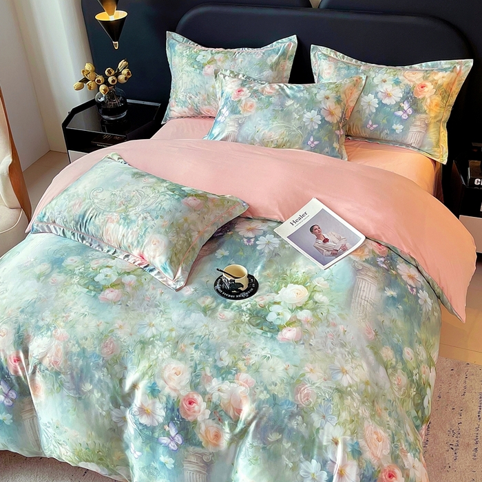 91家纺网 家纺一手货源 找家纺 大麦乐田 2025新款直播爆款欧式轻奢提花数码印花四件套 芳馨