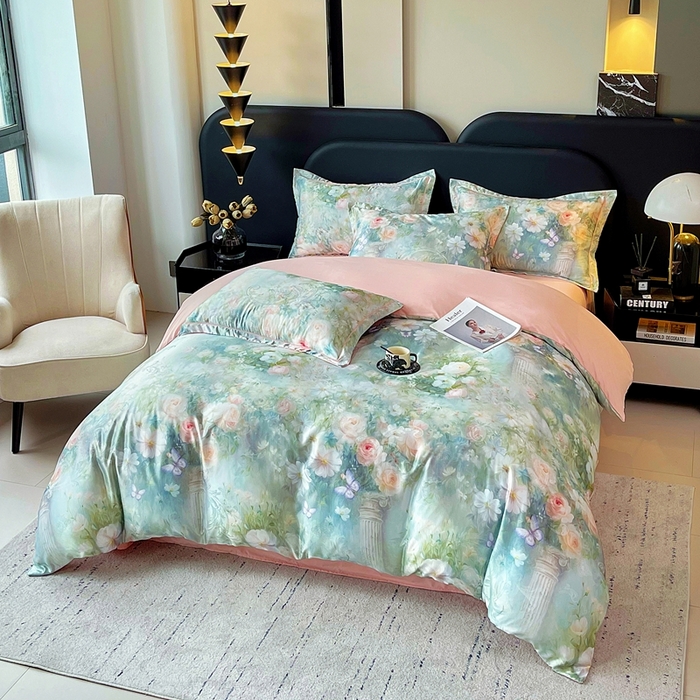 91家纺网 家纺一手货源 找家纺 大麦乐田 2025新款直播爆款欧式轻奢提花数码印花四件套 芳馨