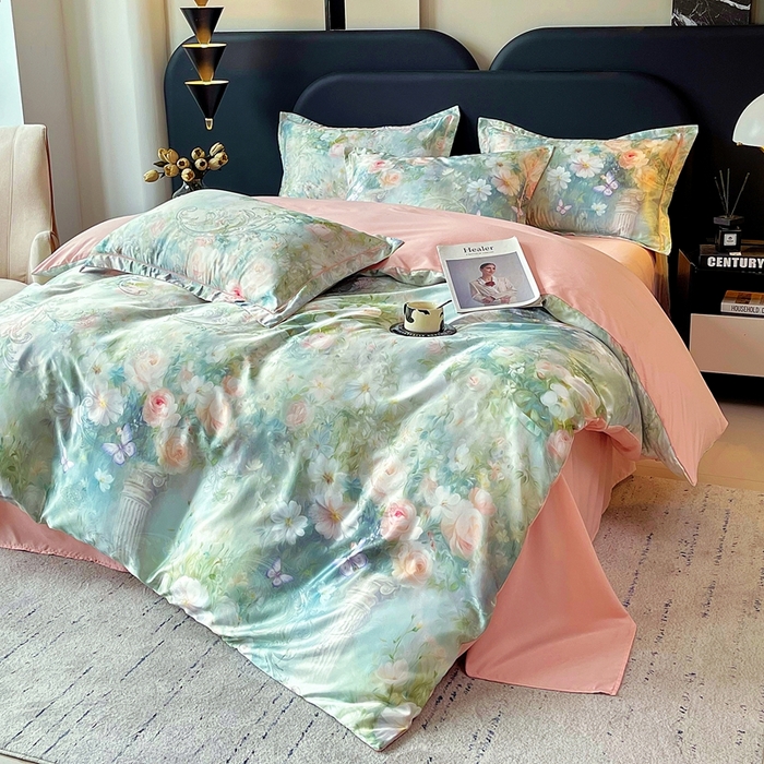 91家纺网 家纺一手货源 找家纺 大麦乐田 2025新款直播爆款欧式轻奢提花数码印花四件套 芳馨