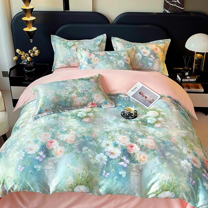 91家纺网 家纺一手货源 找家纺 大麦乐田 2025新款直播爆款欧式轻奢提花数码印花四件套 芳馨