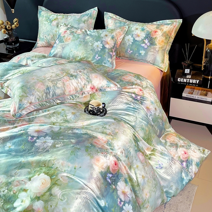 91家纺网 家纺一手货源 找家纺 大麦乐田 2025新款直播爆款欧式轻奢提花数码印花四件套 芳馨