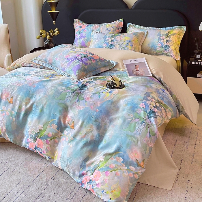 91家纺网 家纺一手货源 找家纺 大麦乐田 2025新款直播爆款欧式轻奢提花数码印花四件套 花灿