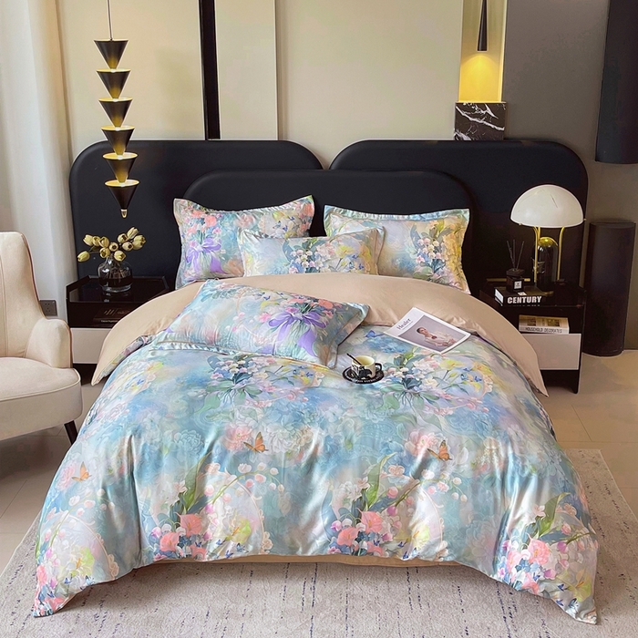 91家纺网 家纺一手货源 找家纺 大麦乐田 2025新款直播爆款欧式轻奢提花数码印花四件套 花灿