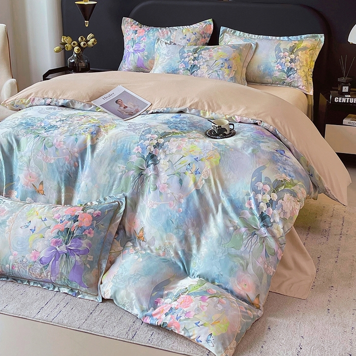 91家纺网 家纺一手货源 找家纺 大麦乐田 2025新款直播爆款欧式轻奢提花数码印花四件套 花灿