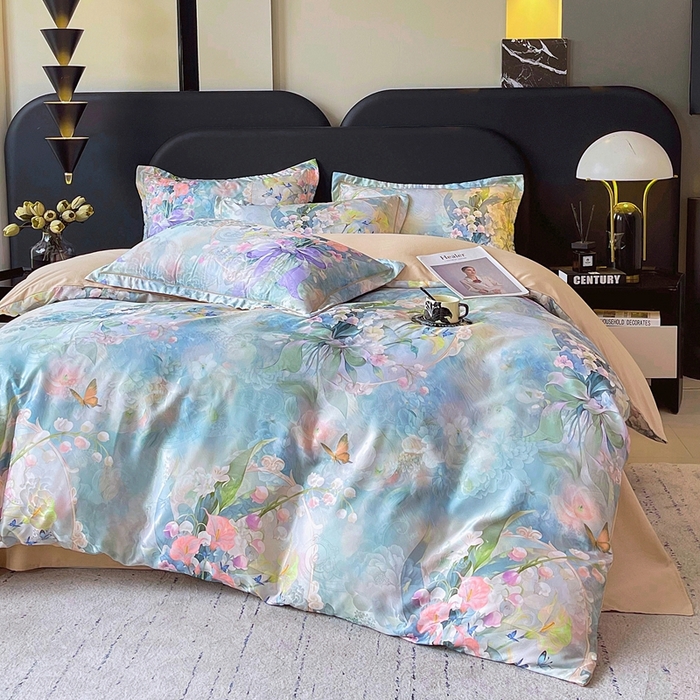 91家纺网 家纺一手货源 找家纺 大麦乐田 2025新款直播爆款欧式轻奢提花数码印花四件套 花灿