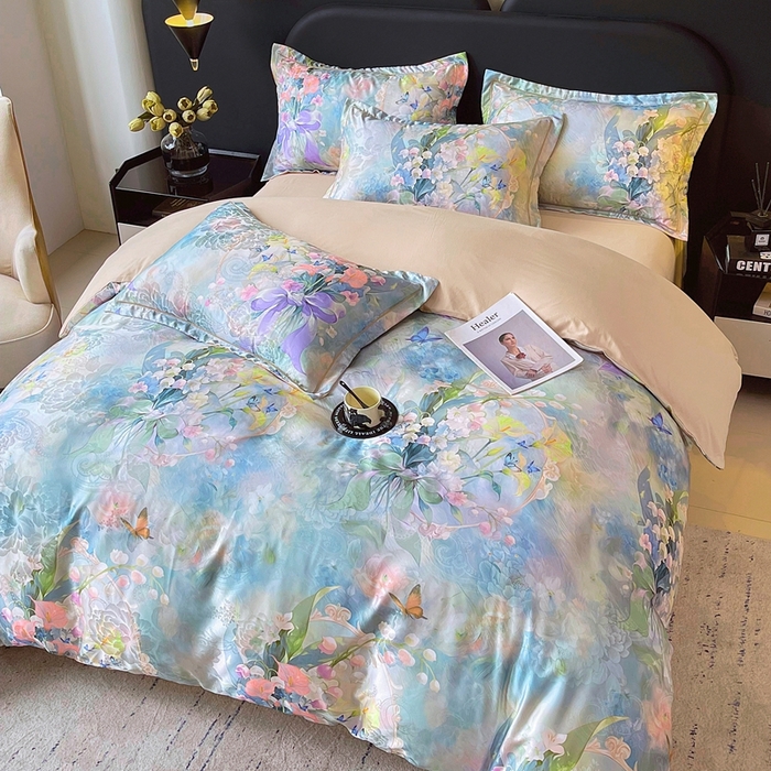 91家纺网 家纺一手货源 找家纺 大麦乐田 2025新款直播爆款欧式轻奢提花数码印花四件套 花灿