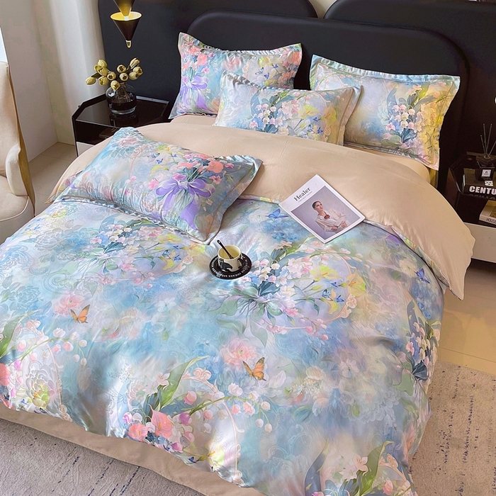 91家纺网 家纺一手货源 找家纺 大麦乐田 2025新款直播爆款欧式轻奢提花数码印花四件套 花灿