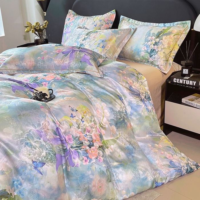 91家纺网 家纺一手货源 找家纺 大麦乐田 2025新款直播爆款欧式轻奢提花数码印花四件套 花灿