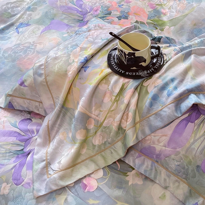 91家纺网 家纺一手货源 找家纺 大麦乐田 2025新款直播爆款欧式轻奢提花数码印花四件套 花灿