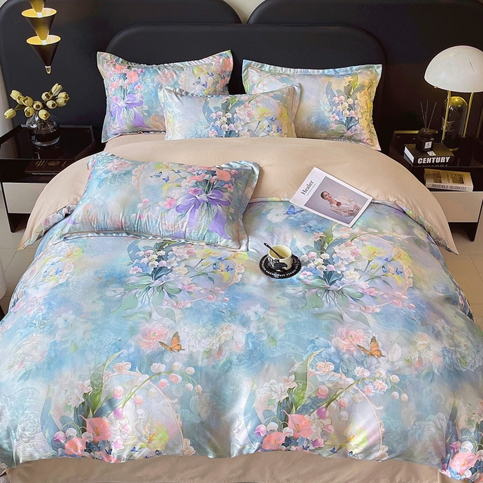 91家纺网 家纺一手货源 找家纺 大麦乐田 2025新款直播爆款欧式轻奢提花数码印花四件套 花灿