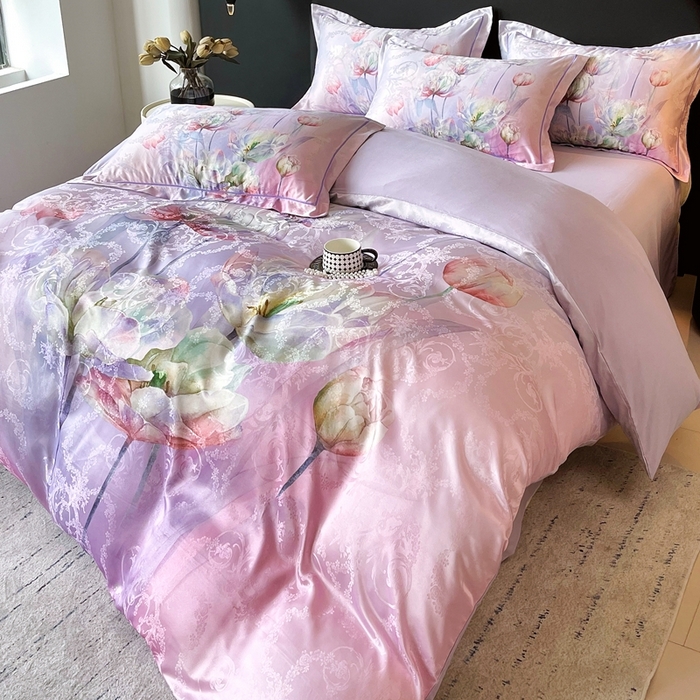 91家纺网 家纺一手货源 找家纺 大麦乐田 2025新款直播爆款欧式轻奢提花数码印花四件套 疏影