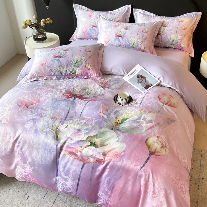 91家纺网 家纺一手货源 找家纺 大麦乐田 2025新款直播爆款欧式轻奢提花数码印花四件套 疏影