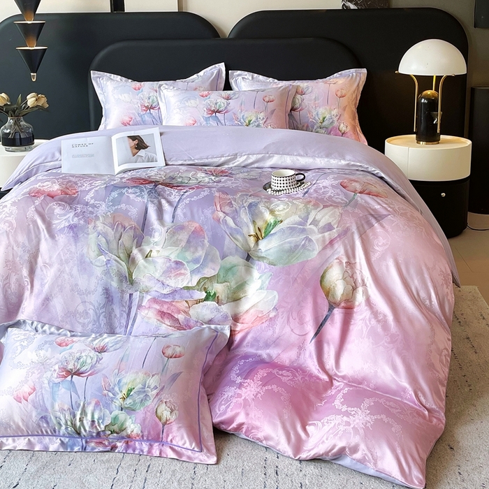 91家纺网 家纺一手货源 找家纺 大麦乐田 2025新款直播爆款欧式轻奢提花数码印花四件套 疏影