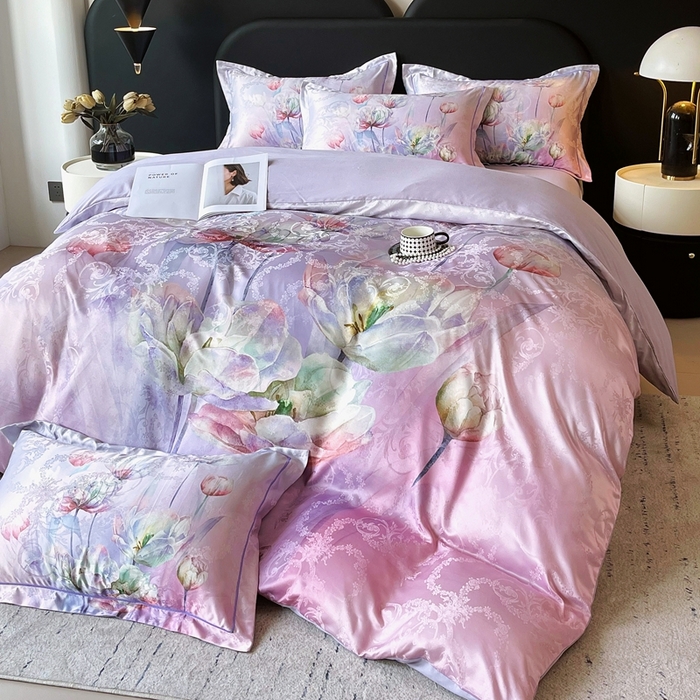 91家纺网 家纺一手货源 找家纺 大麦乐田 2025新款直播爆款欧式轻奢提花数码印花四件套 疏影