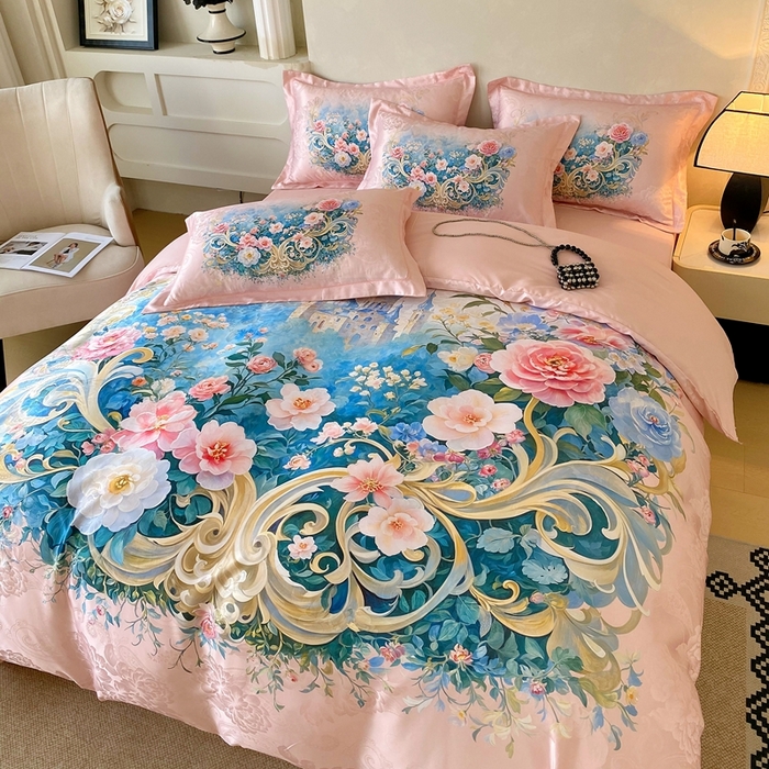 91家纺网 家纺一手货源 找家纺 大麦乐田 2025新款直播爆款欧式轻奢提花数码印花四件套 香奢佳人