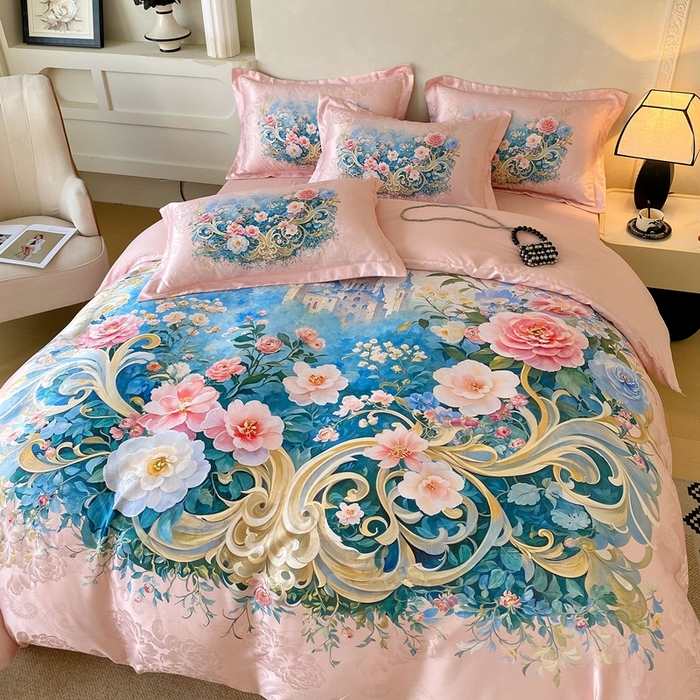 91家纺网 家纺一手货源 找家纺 大麦乐田 2025新款直播爆款欧式轻奢提花数码印花四件套 香奢佳人