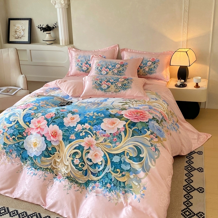 91家纺网 家纺一手货源 找家纺 大麦乐田 2025新款直播爆款欧式轻奢提花数码印花四件套 香奢佳人