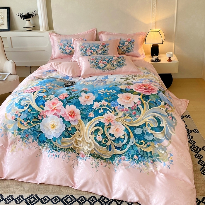 91家纺网 家纺一手货源 找家纺 大麦乐田 2025新款直播爆款欧式轻奢提花数码印花四件套 香奢佳人