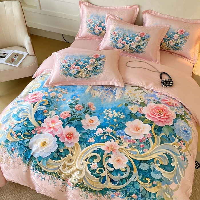 91家纺网 家纺一手货源 找家纺 大麦乐田 2025新款直播爆款欧式轻奢提花数码印花四件套 香奢佳人