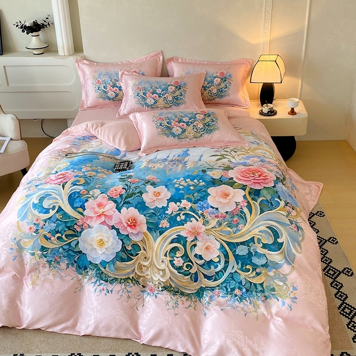 91家纺网 家纺一手货源 找家纺 大麦乐田 2025新款直播爆款欧式轻奢提花数码印花四件套 香奢佳人