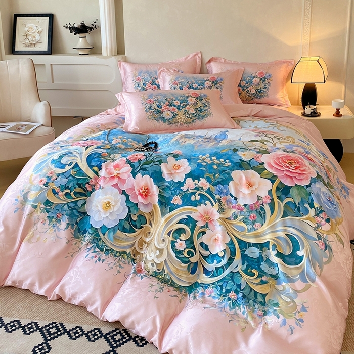 91家纺网 家纺一手货源 找家纺 大麦乐田 2025新款直播爆款欧式轻奢提花数码印花四件套 香奢佳人