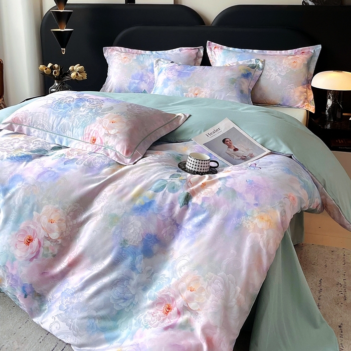 91家纺网 家纺一手货源 找家纺 大麦乐田 2025新款直播爆款欧式轻奢提花数码印花四件套 心语