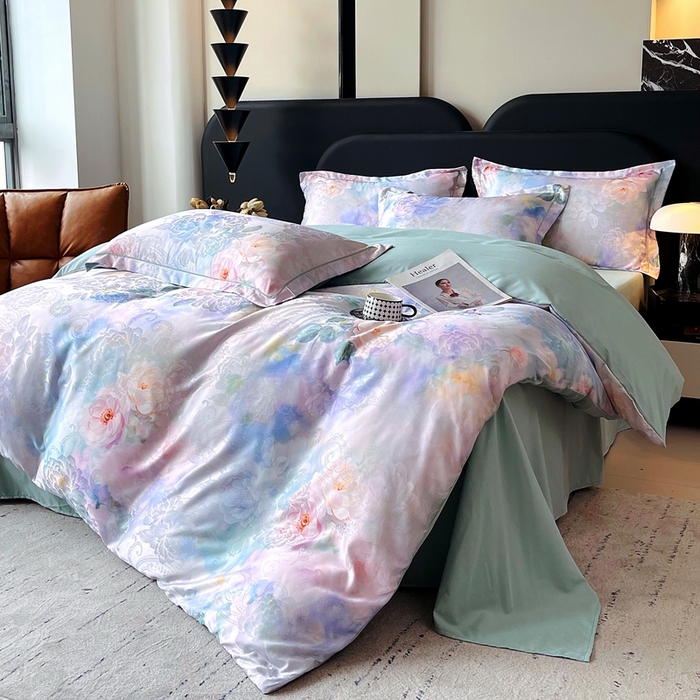 91家纺网 家纺一手货源 找家纺 大麦乐田 2025新款直播爆款欧式轻奢提花数码印花四件套 心语