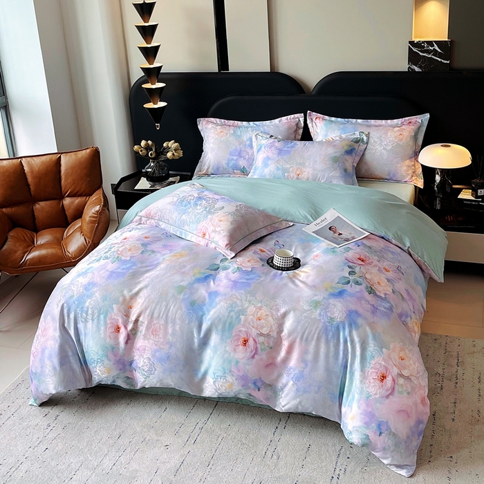 91家纺网 家纺一手货源 找家纺 大麦乐田 2025新款直播爆款欧式轻奢提花数码印花四件套 心语