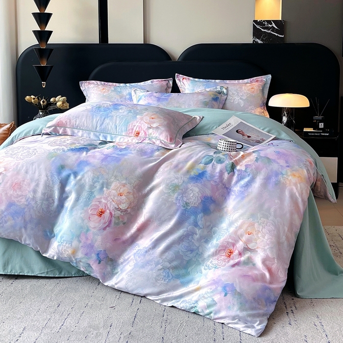 91家纺网 家纺一手货源 找家纺 大麦乐田 2025新款直播爆款欧式轻奢提花数码印花四件套 心语