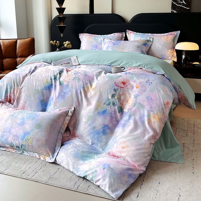 91家纺网 家纺一手货源 找家纺 大麦乐田 2025新款直播爆款欧式轻奢提花数码印花四件套 心语