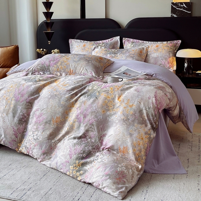 91家纺网 家纺一手货源 找家纺 大麦乐田 2025新款直播爆款欧式轻奢提花数码印花四件套 紫薰