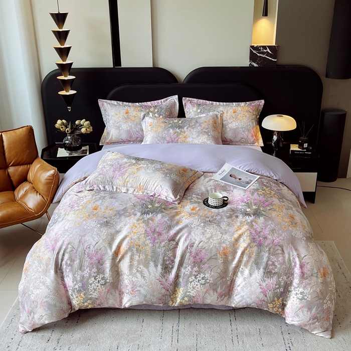 91家纺网 家纺一手货源 找家纺 大麦乐田 2025新款直播爆款欧式轻奢提花数码印花四件套 紫薰