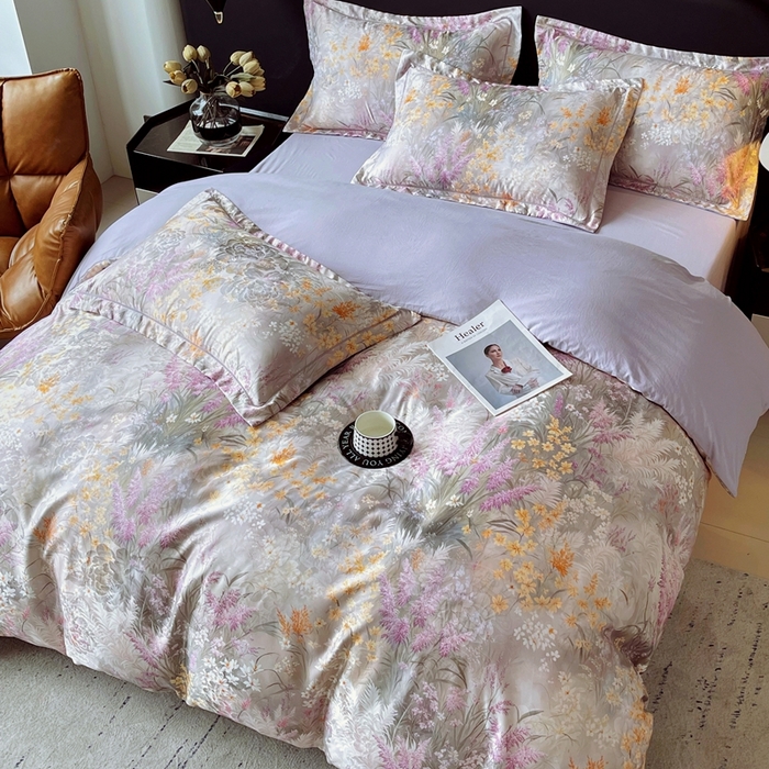 91家纺网 家纺一手货源 找家纺 大麦乐田 2025新款直播爆款欧式轻奢提花数码印花四件套 紫薰