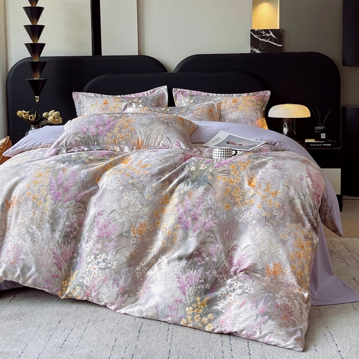 91家纺网 家纺一手货源 找家纺 大麦乐田 2025新款直播爆款欧式轻奢提花数码印花四件套 紫薰