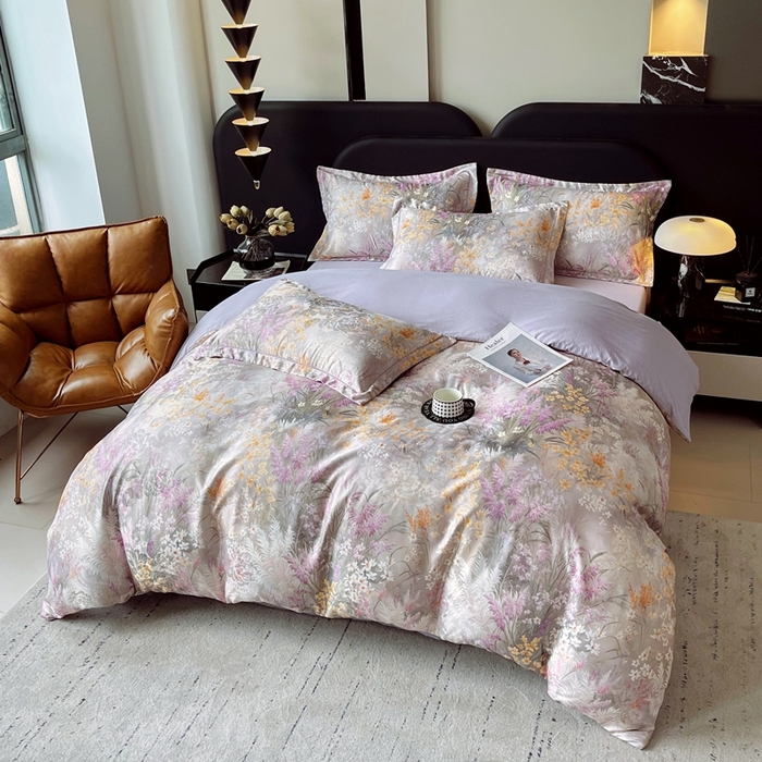 91家纺网 家纺一手货源 找家纺 大麦乐田 2025新款直播爆款欧式轻奢提花数码印花四件套 紫薰