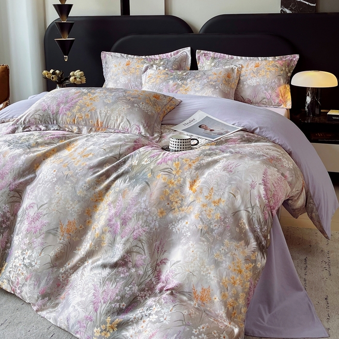 91家纺网 家纺一手货源 找家纺 大麦乐田 2025新款直播爆款欧式轻奢提花数码印花四件套 紫薰