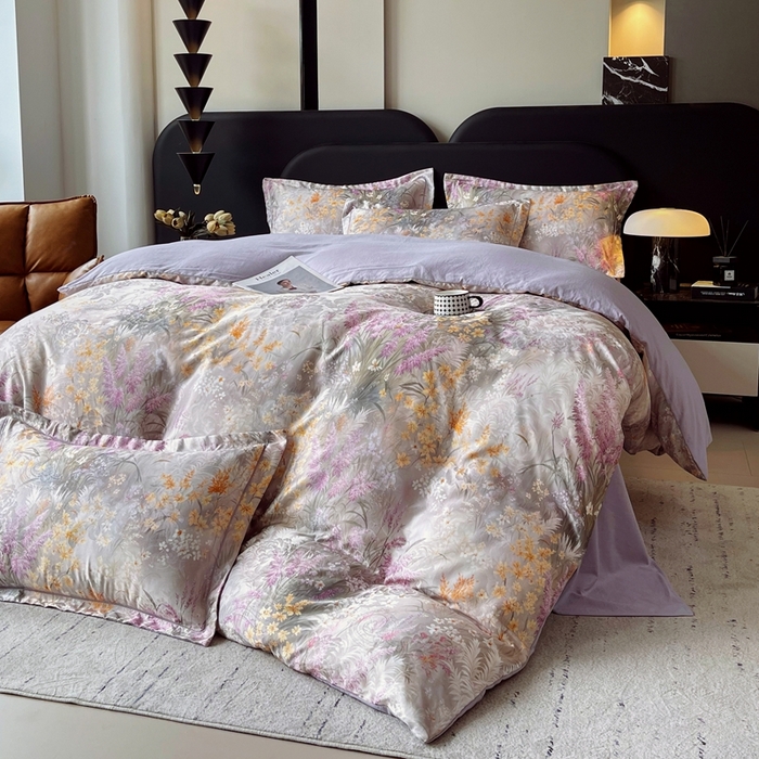 91家纺网 家纺一手货源 找家纺 大麦乐田 2025新款直播爆款欧式轻奢提花数码印花四件套 紫薰