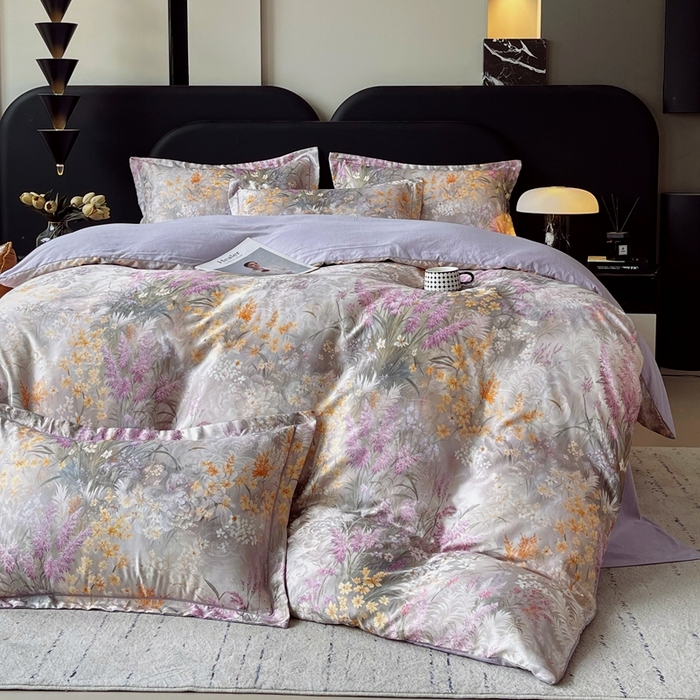 91家纺网 家纺一手货源 找家纺 大麦乐田 2025新款直播爆款欧式轻奢提花数码印花四件套 紫薰