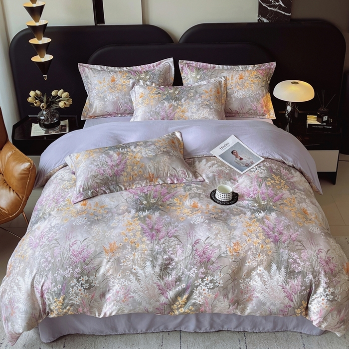 91家纺网 家纺一手货源 找家纺 大麦乐田 2025新款直播爆款欧式轻奢提花数码印花四件套 紫薰