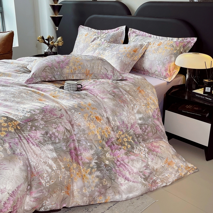 91家纺网 家纺一手货源 找家纺 大麦乐田 2025新款直播爆款欧式轻奢提花数码印花四件套 紫薰