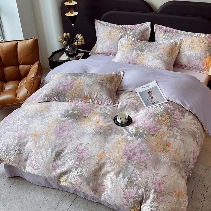 91家纺网 家纺一手货源 找家纺 大麦乐田 2025新款直播爆款欧式轻奢提花数码印花四件套 紫薰