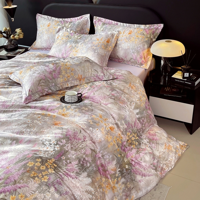 91家纺网 家纺一手货源 找家纺 大麦乐田 2025新款直播爆款欧式轻奢提花数码印花四件套 紫薰