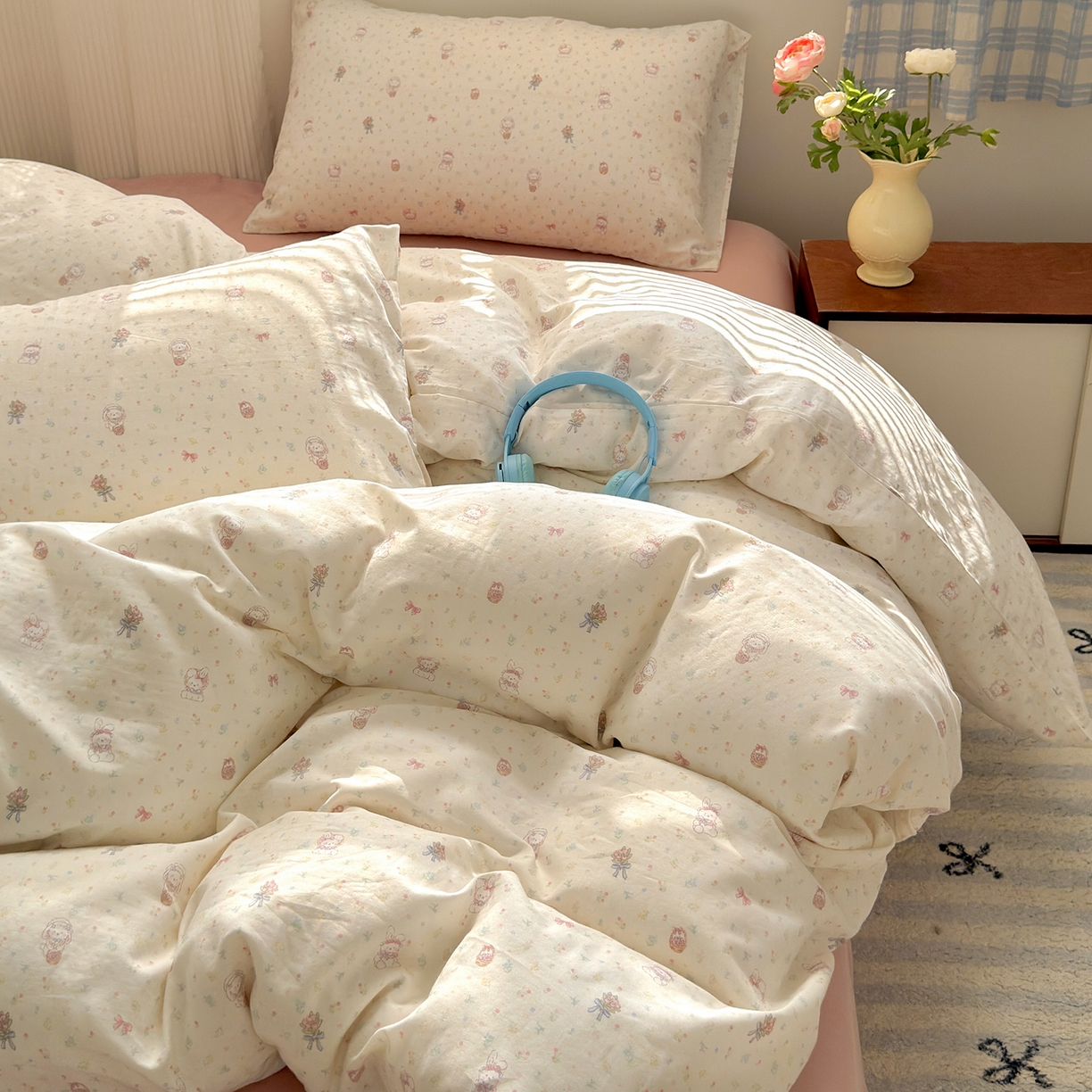 91家纺网 家纺一手货源 找家纺 于果 2025新款全棉双层纱四件套（第六批） 花篮兔